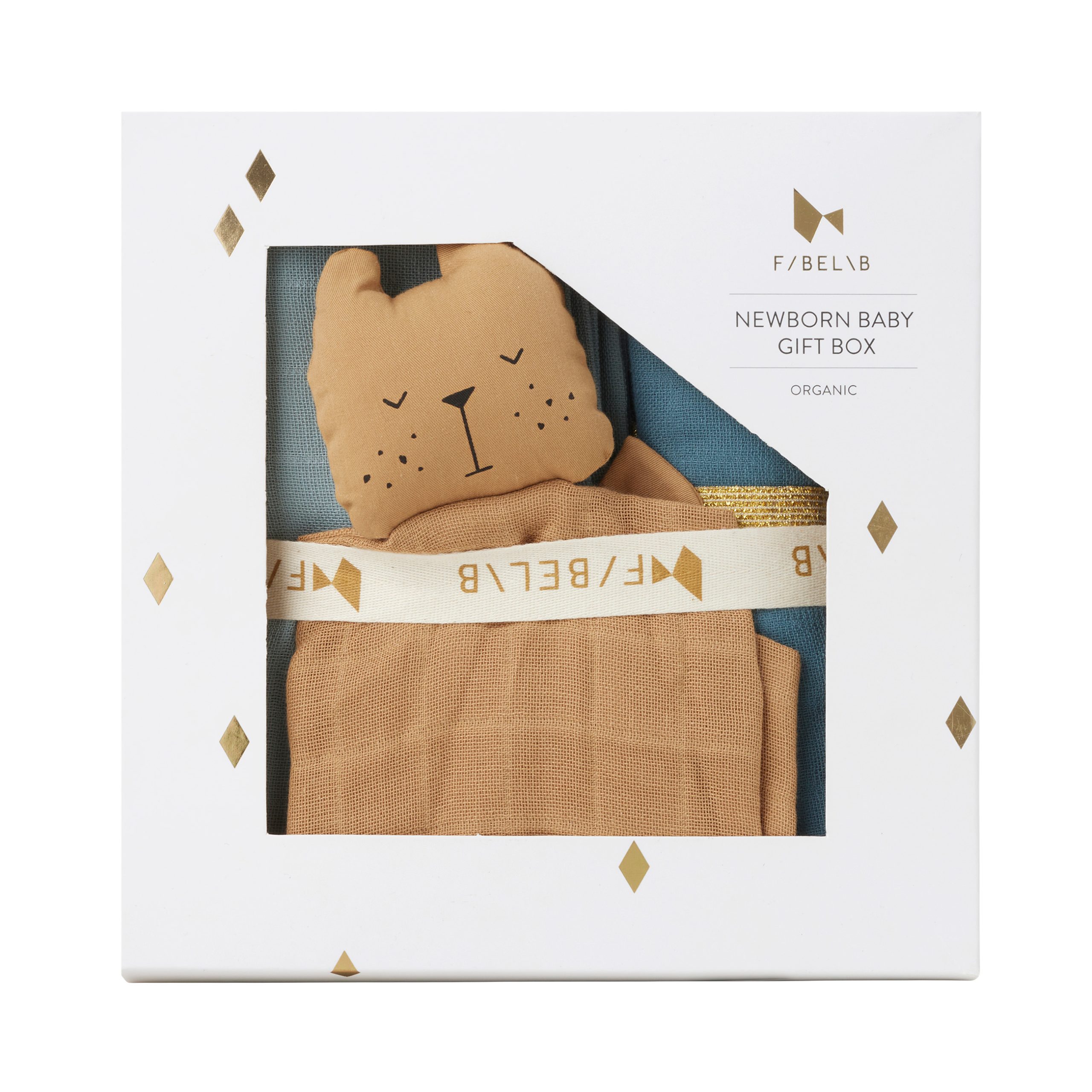 FABELAB Newborn Baby Gift Box -Cottage Blue Mix Bear lahja vastasyntyneelle vauvalle (suuri harso +musliiniliina+pehmo)