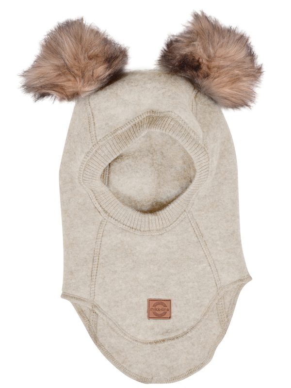 MIKK-LINE wool fullface balaclava w. pom pom merinovillainen kypärämyssy kahdella tupsulla Melange Offwhite