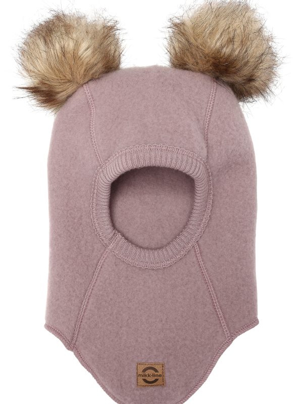 MIKK-LINE wool fullface balaclava w. pom pom merinovillainen kypärämyssy kahdella tupsulla Twilight Mauve
